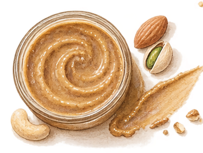 Watercolor illustration of an open jar of nut butter